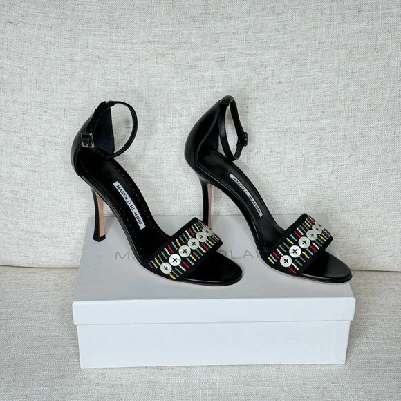 Manolo Blahnik Black Leather Beaded Sandals W Buttons |Size 37‎ 1/2 - Picture 11 of 12